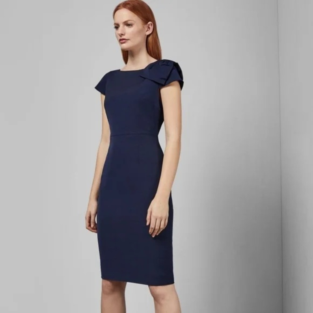NWT Ted Baker Navy Cap-Sleeve Midi Dress with Shoulder Bow